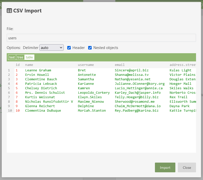 Import a CSV file in JSON Editor Online