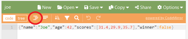 beautify using jsoneditoronline: code mode