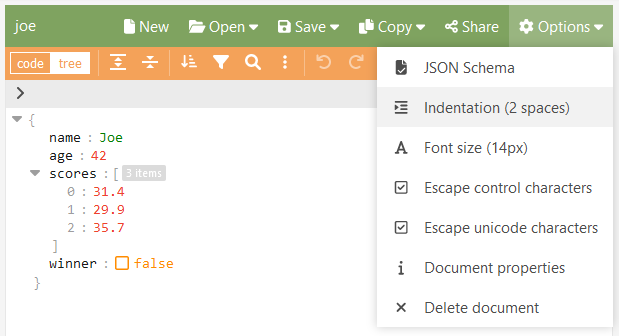 beautify using jsoneditoronline: menu indentation