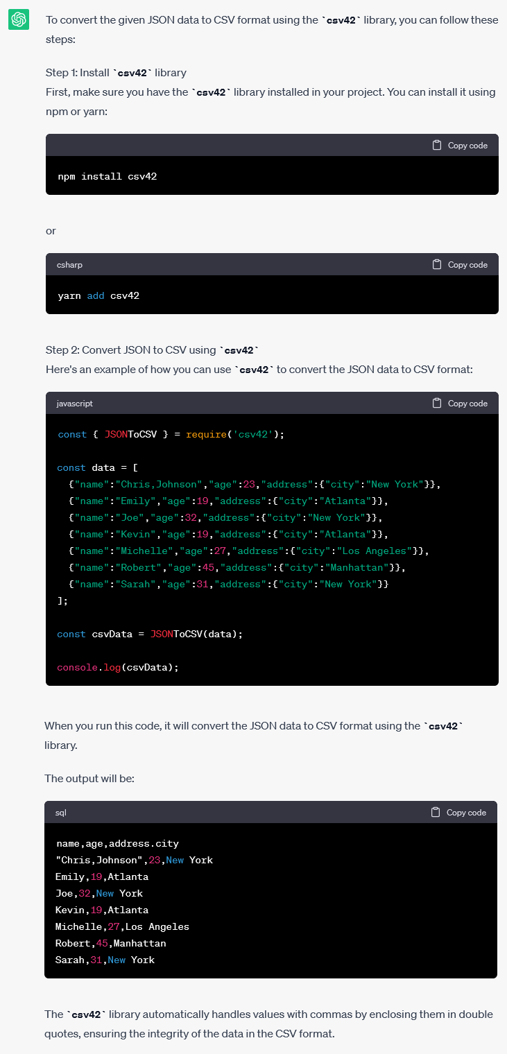 Convert JSON to CSV with csv42 using ChatGPT