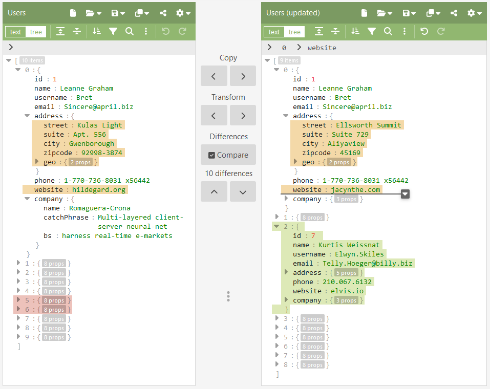 Comparing two documents in JSON Editor Online