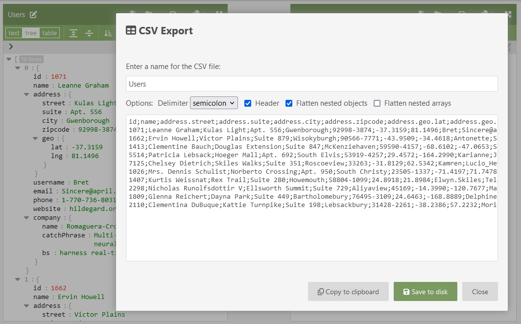 Export JSON to CSV