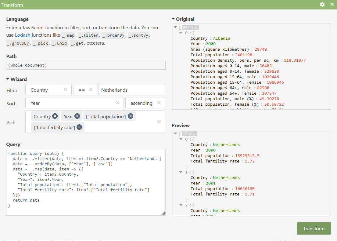 transform world data with JSON Editor Online