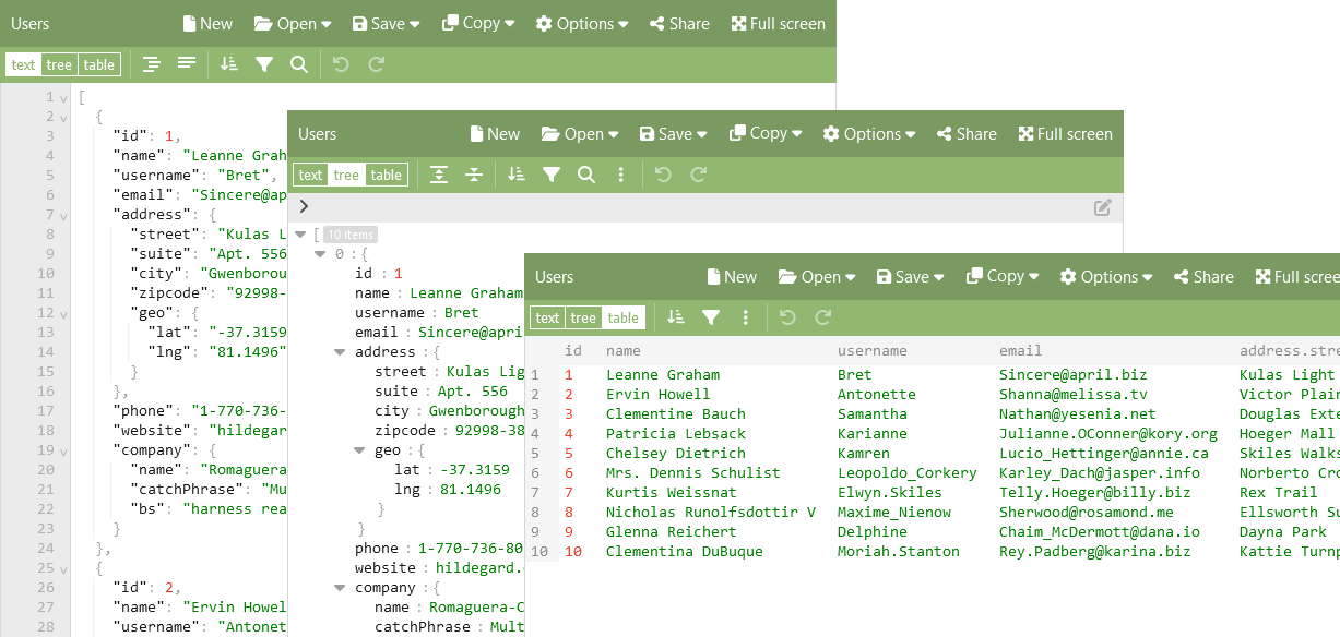 Text, tree, and table mode in JSON Editor Online