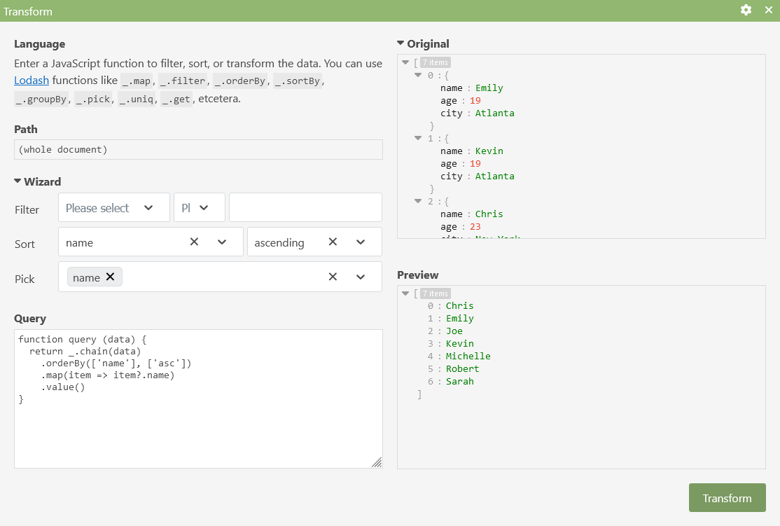 Transform modal sort and pick