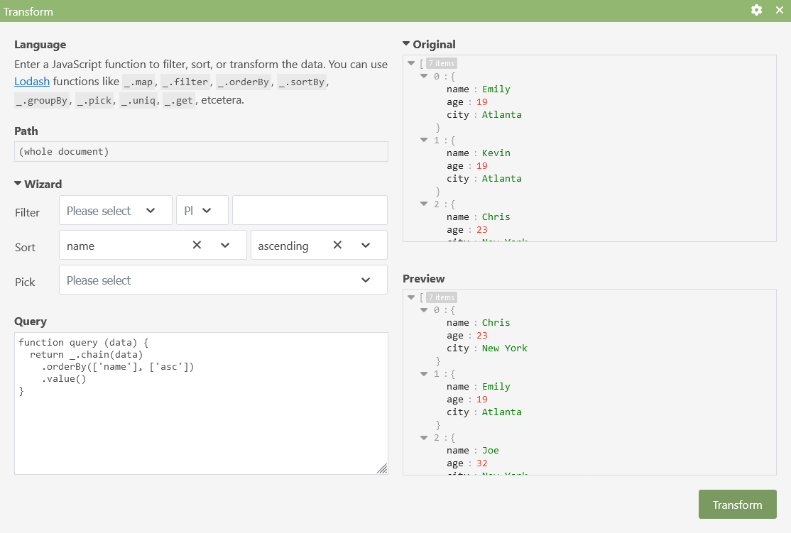 Transform modal sort by name